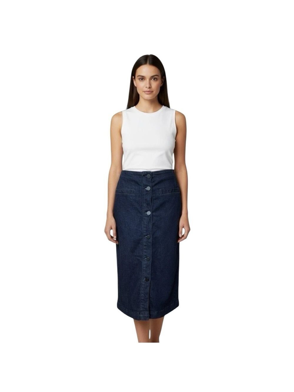 Jaeger Dark Wash High Waist Denim Button Front Midi Pencil Skirt Women’s Size 6